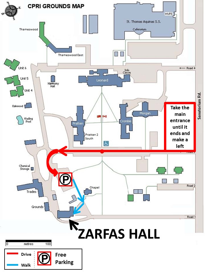 Directions from Sanatorium Road to Zarfas Hall